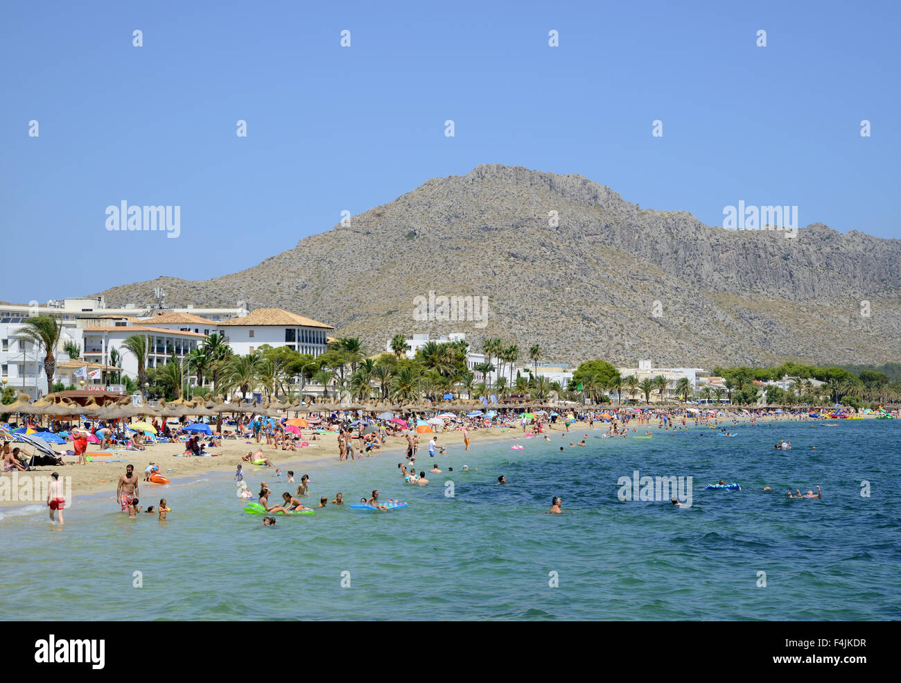 Pollenca Strand, Strand von Pollensa, Puerto Pollenca, Mallorca, Mallorca, Balearen, Spanien Stockfoto