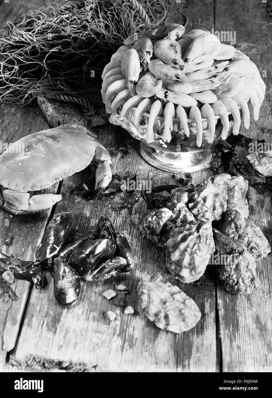 Auswahl an Meeresfrüchten auf Tisch Stockfoto
