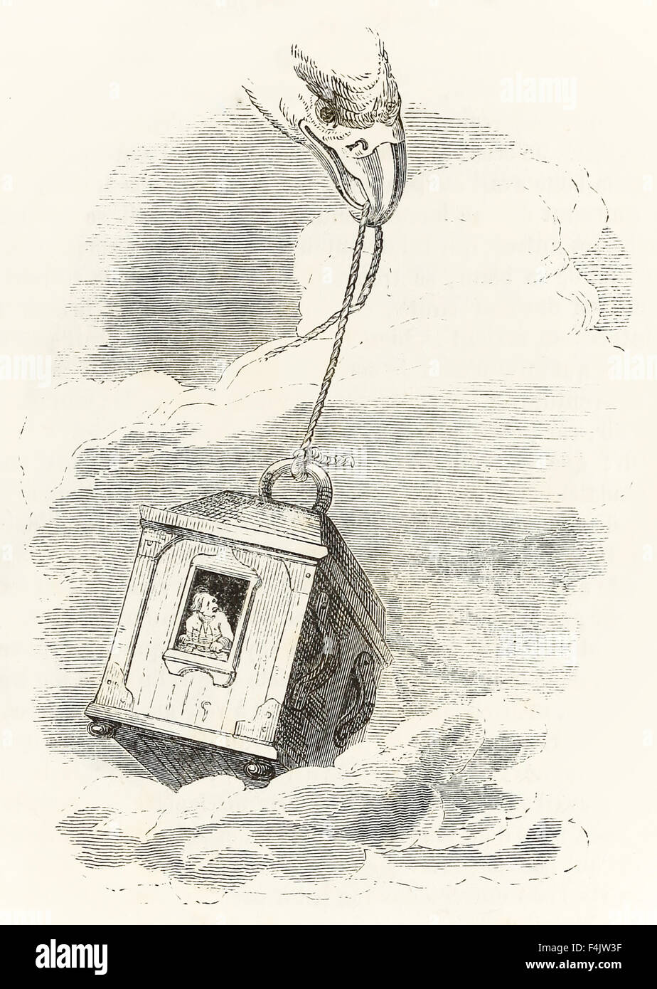 Gulliver entkommen Brobdingnag, wenn seine Box von einem Adler ergriffen wird, die es Tropfen im Meer, von "Gullivers Reisen" von Jonathan Swift (1667-1745), Illustration von j.j. Grandville (1803-1847). Siehe Beschreibung für mehr Informationen. Stockfoto