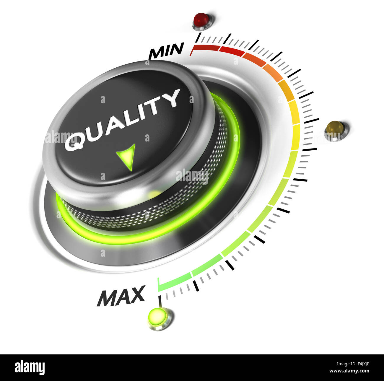 Qualität Schalter Regler auf Maximum, weißen Hintergrund und grünes Licht positioniert. Konzeptionelle Bild für Qualitätsmanagement und Verbessern Stockfoto