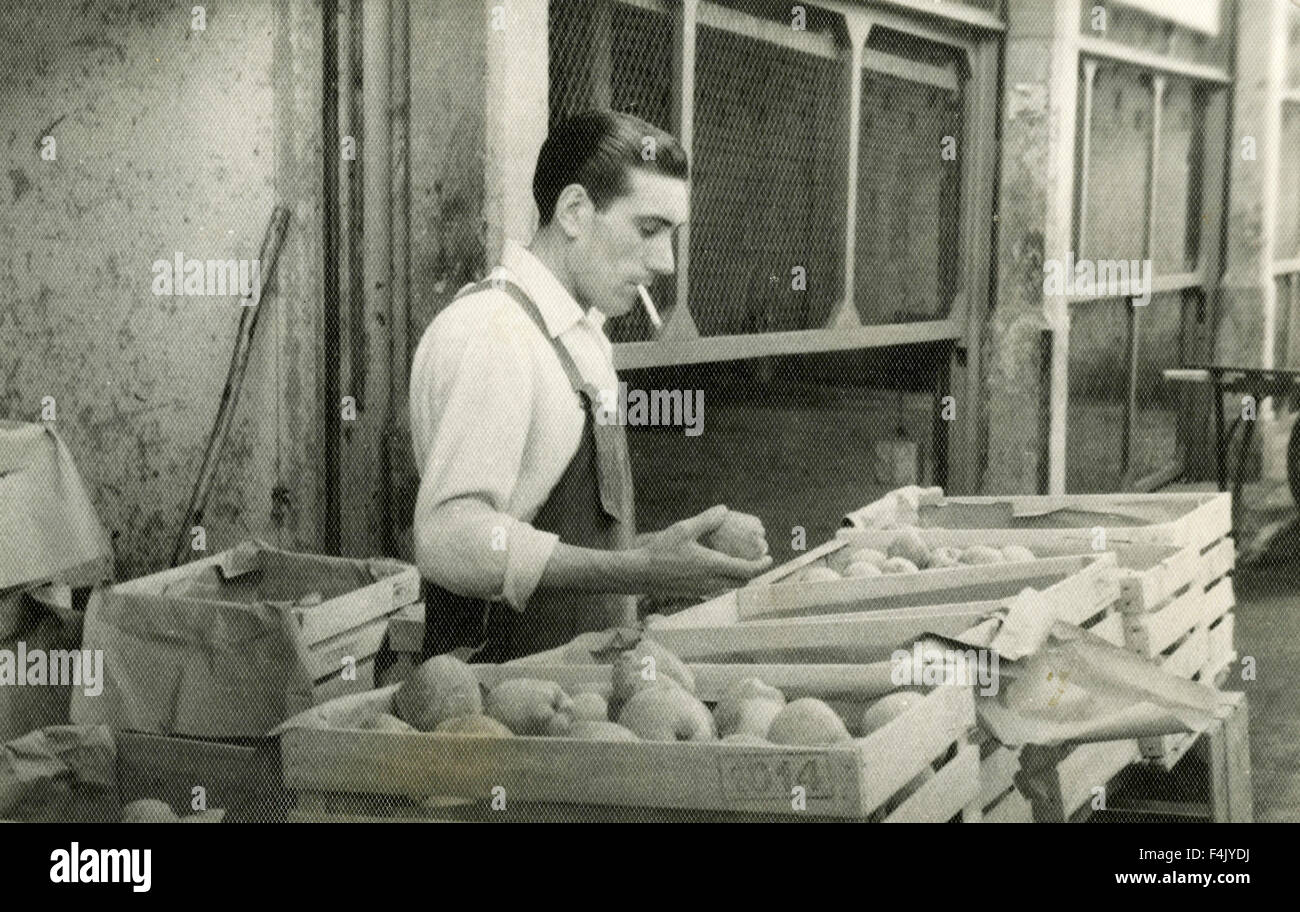 Männer in Arbeitskleidung, Verkauf von Obst, Italien Stockfoto