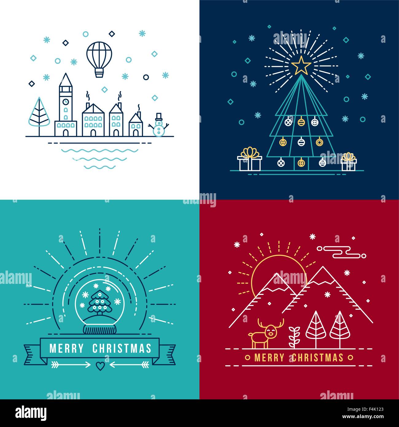 Frohe Weihnachten-Gliederung-Label set mit Winter-Stadt, Xmas Tree, Schneekugel und Rentier-Elemente. Ideal für Urlaub Einladung. Stock Vektor