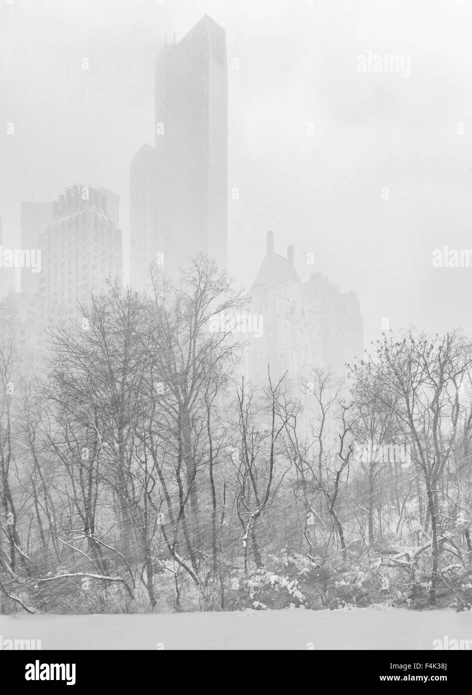 Central Park am Weiher, New York City. Manhattan Wolkenkratzer erscheinen aus einem Schneesturm Winter. Stockfoto