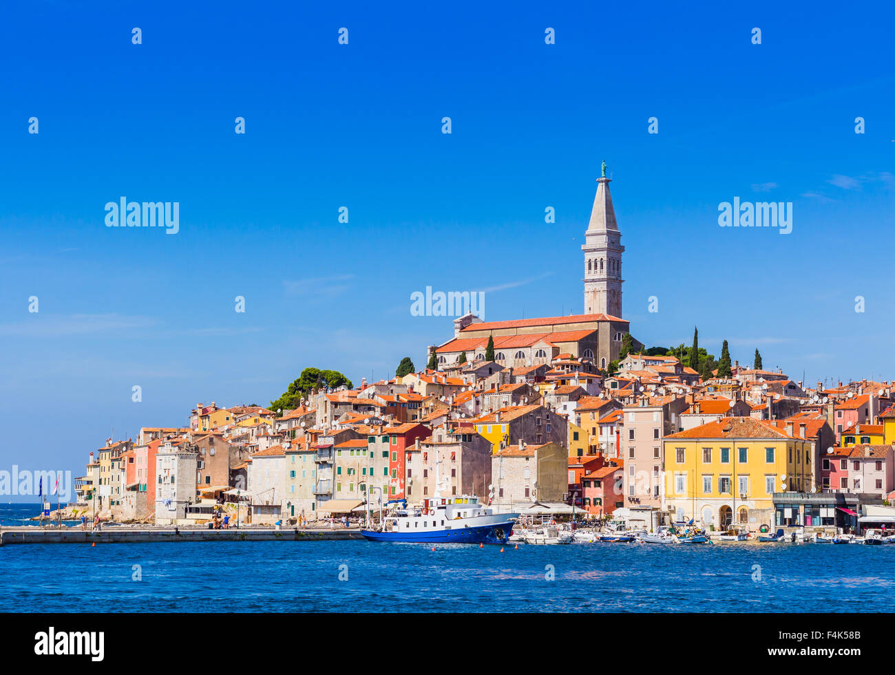 Panoramablick auf die Altstadt Rovinj vom Hafen. Halbinsel Istrien, Kroatien Stockfoto