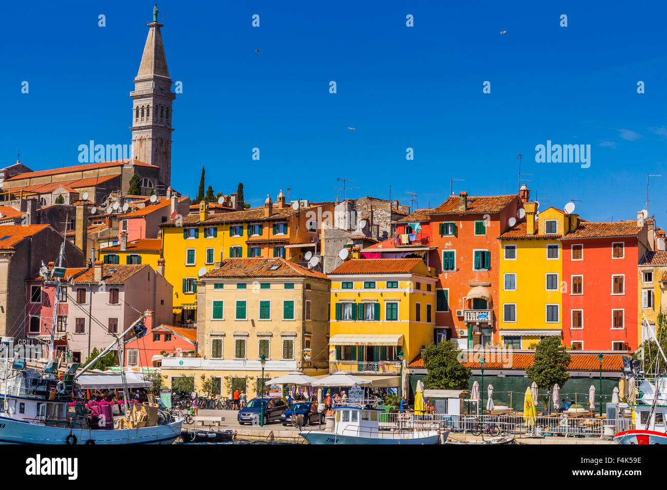 Panoramablick auf die Altstadt Rovinj vom Hafen. Halbinsel Istrien, Kroatien Stockfoto