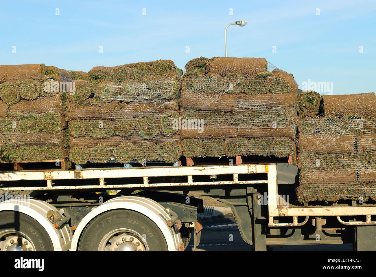 Rasen-Rasen rollt gestapelt zusammen auf einem LKW zur Auslieferung bereit Stockfoto