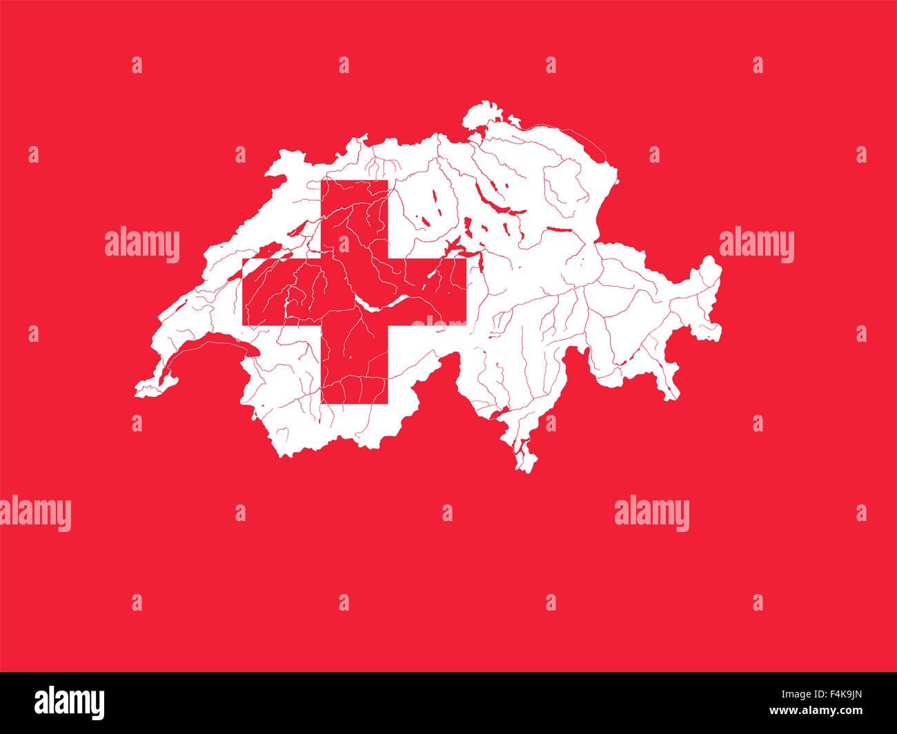 Karte der Schweiz in den Farben der Schweizer Flagge. Farben der Flagge  sind. Flüsse und Seen werden angezeigt Stockfotografie - Alamy
