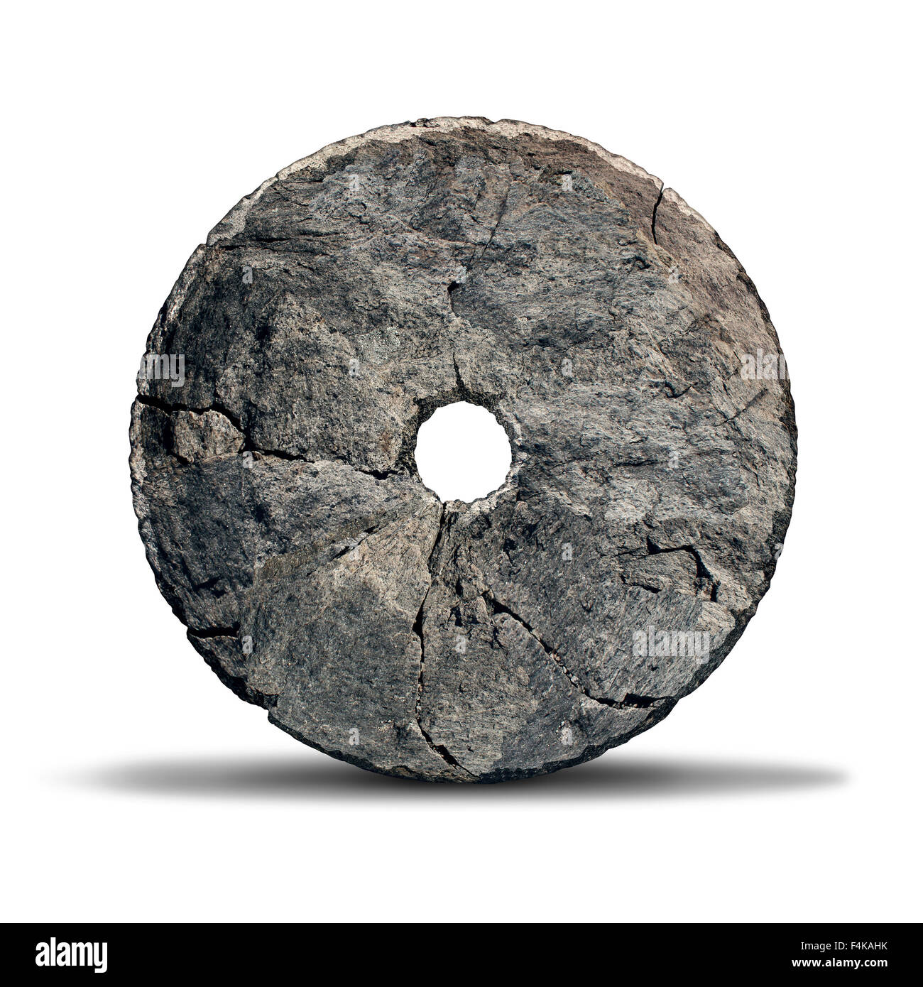 Stone Wheel-Objekt als frühe Erfindung der prähistorischen Ära und altes Symbol für Technologie und Innovation durch ein Höhlenmensch auf weißem Hintergrund gestaltet. Stockfoto