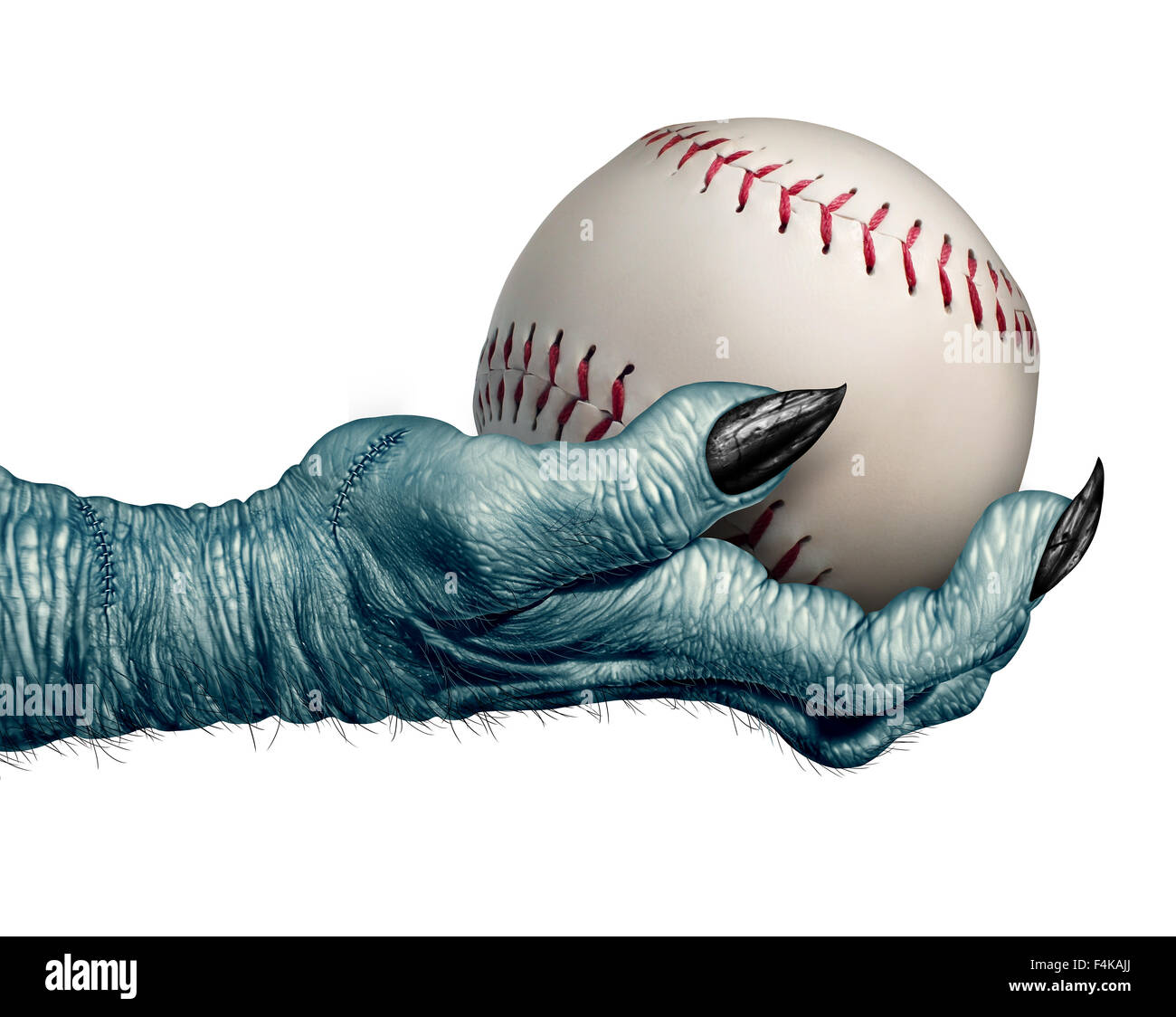 Halloween Baseball und Herbst Ball Konzept als eine gruselige Zombie oder Monster Hand einen Leder-Softball als Symbol für Halloween Sport und Sportveranstaltungen auf einem weißen Hintergrund fallen. Stockfoto