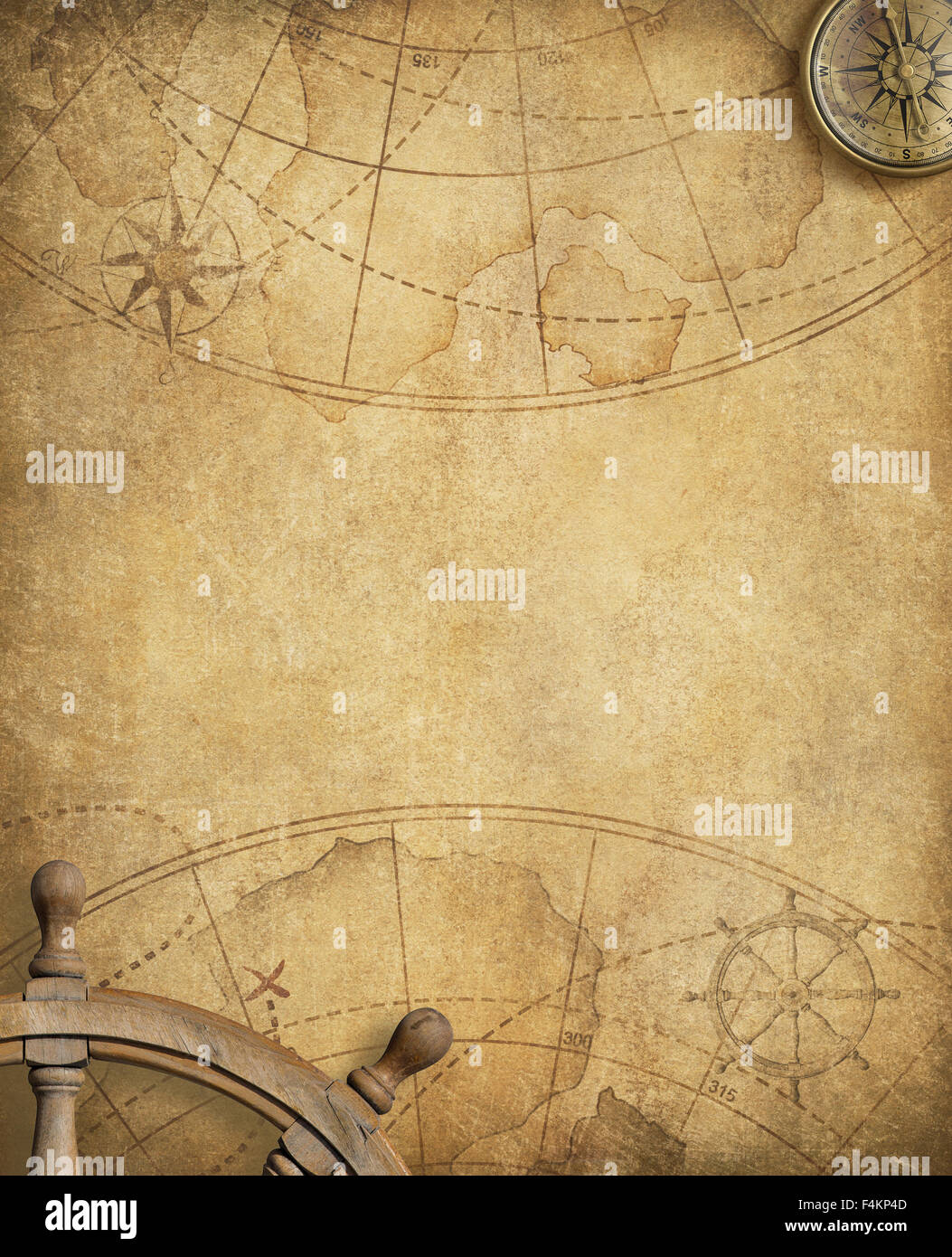 alten nautische Karte mit Kompass und Lenkrad Stockfoto