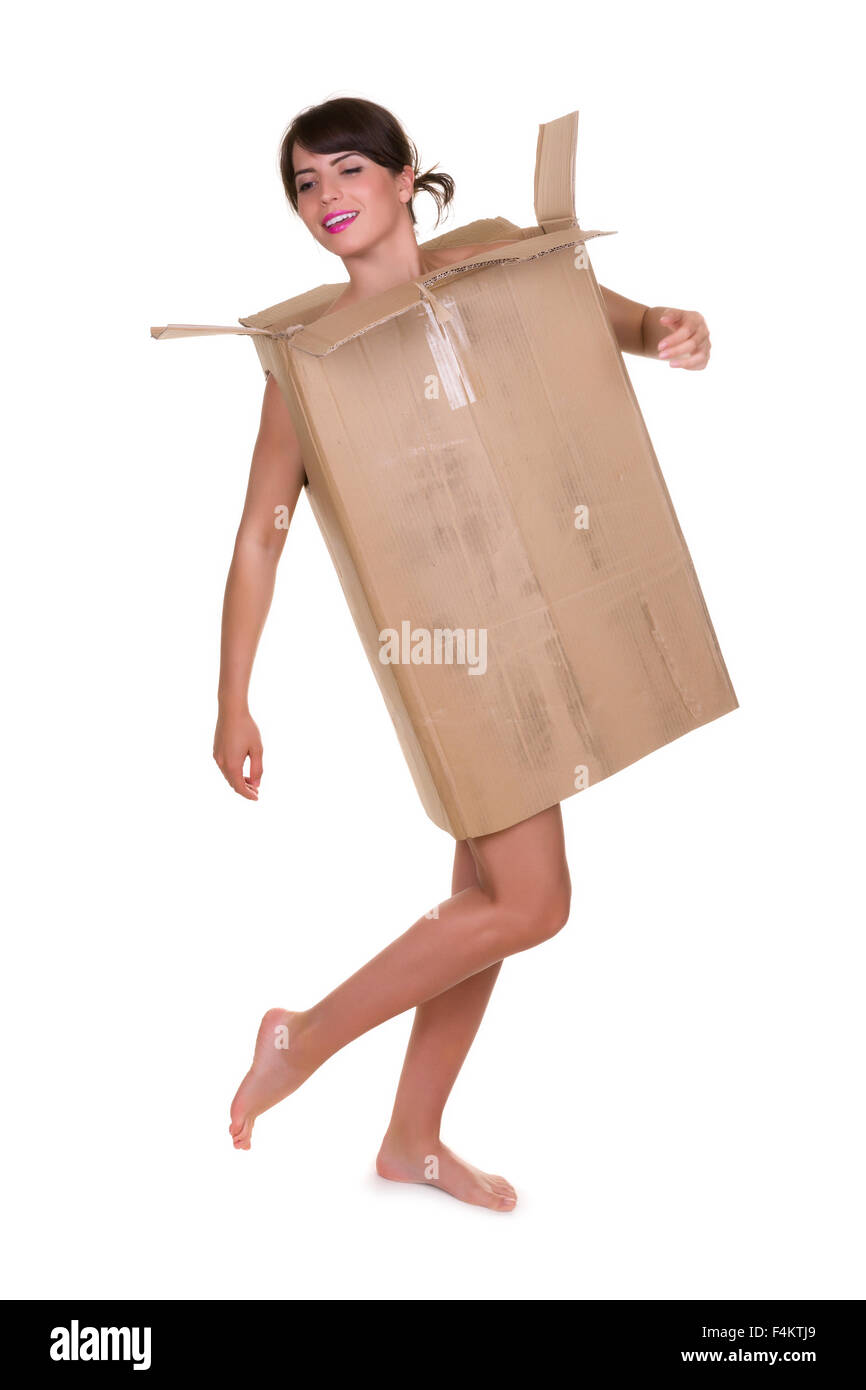 Lustiges Foto einer jungen Frau mit nichts zu tragen aber Abfallstoffe - Dies ist Teil einer Serie mit Jute-Tasche, Toilettenpapier, bu Stockfoto