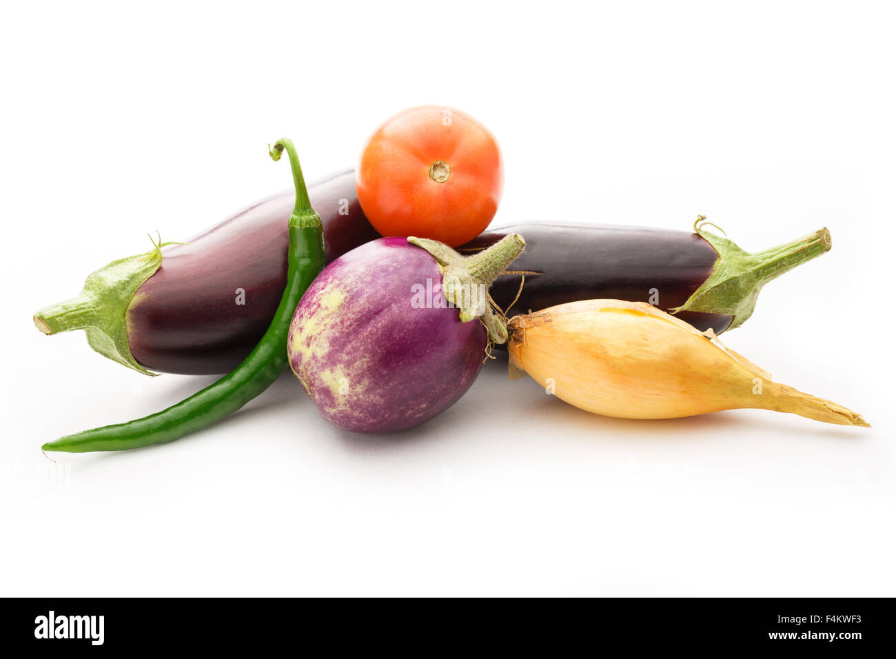 Gemüse-Set: hot chilly Paprika, Auberginen und Tomaten Stockfoto