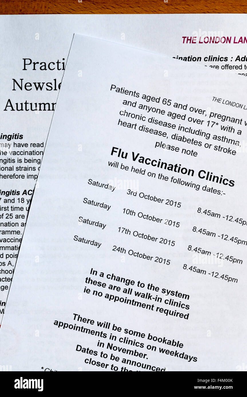 Bekanntmachung über die Grippe-Impfung-Kliniken im Lieferumfang des Arztes Newsletter. Stockfoto