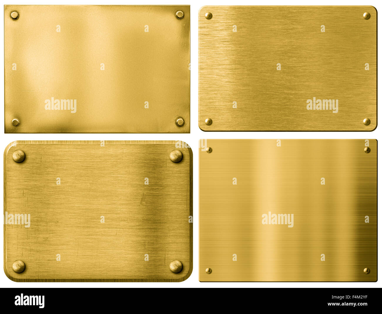 Gold Metallplatten oder Schilder set mit Nieten isoliert Stockfoto