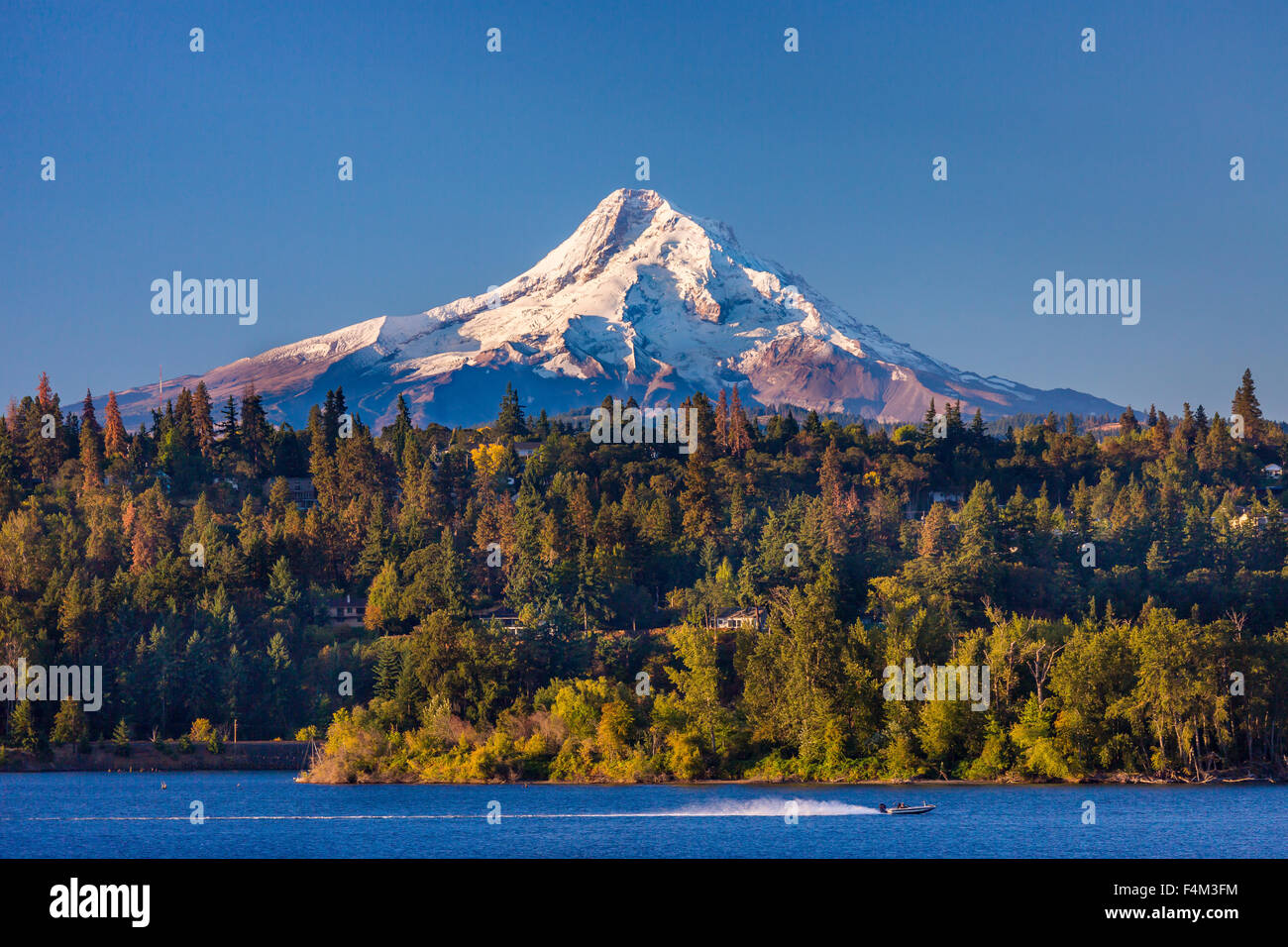 HOOD RIVER, OREGON, USA - Mount Hood, 11.241 ft (3.429 m) vergletscherte Berg in der Kaskadenkette und Boot auf dem Columbia River. Stockfoto