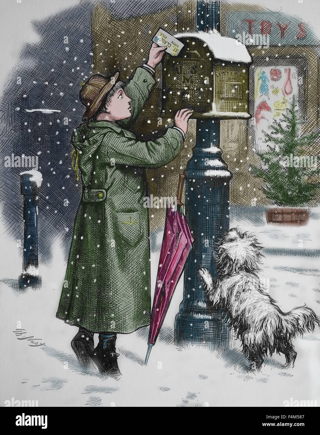 USA. des 19. Jahrhunderts. Weihnachtspost. Kupferstich von Thomas Nast. Farbe. Stockfoto