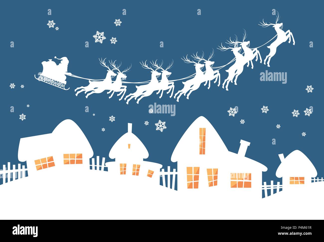 Weihnachtsmann Schlitten Rentier Fliegen Himmel Uber Haus