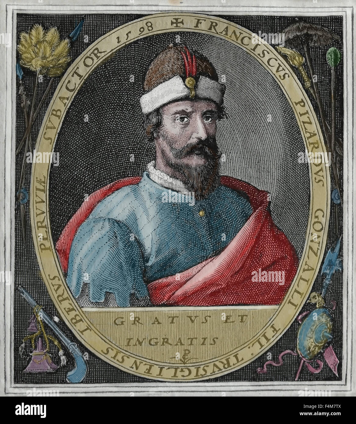 Francisco Pizarro (1471-1541). Die spanischen Eroberer des Inka-Reiches. Porträt. Kupferstich aus dem 16. Jahrhundert. Spätere Färbung. Stockfoto