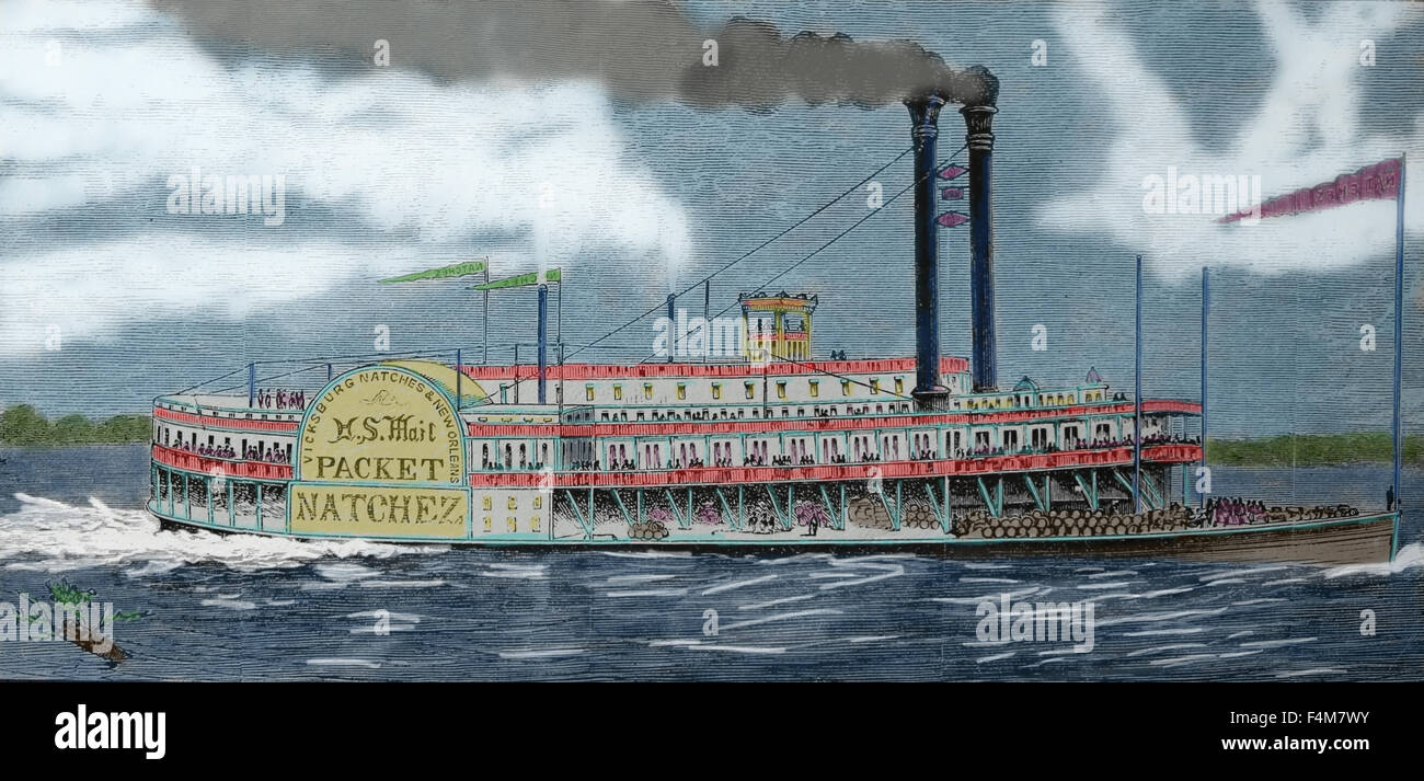 EEUU. Lousiana. Durchsuchen des Mississippi Dampfer. Gravur. des 19. Jahrhunderts. Farbe. Stockfoto