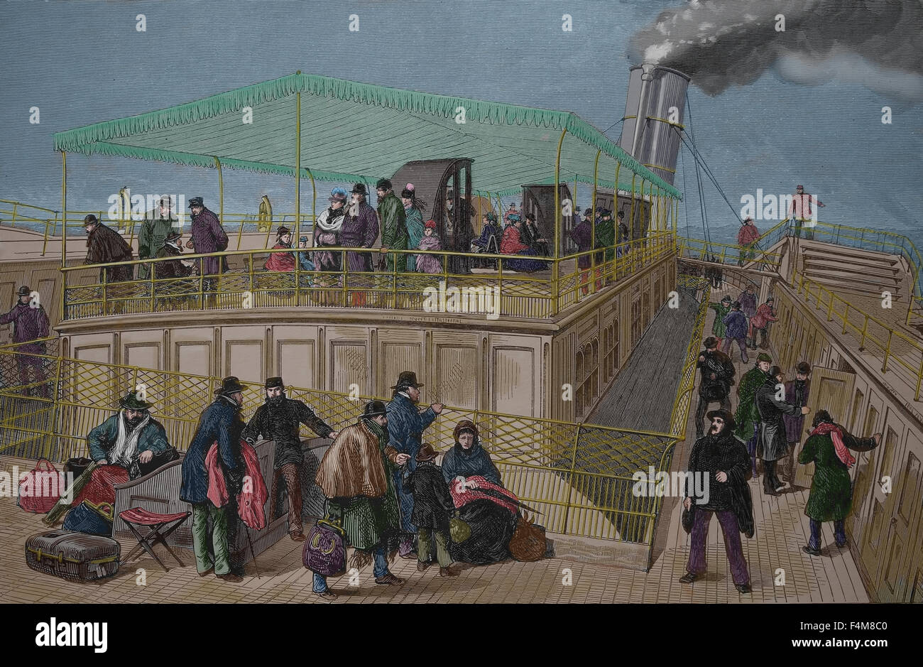 An Bord der Auswanderer. des 19. Jahrhunderts. Gravur. Farbe. Stockfoto