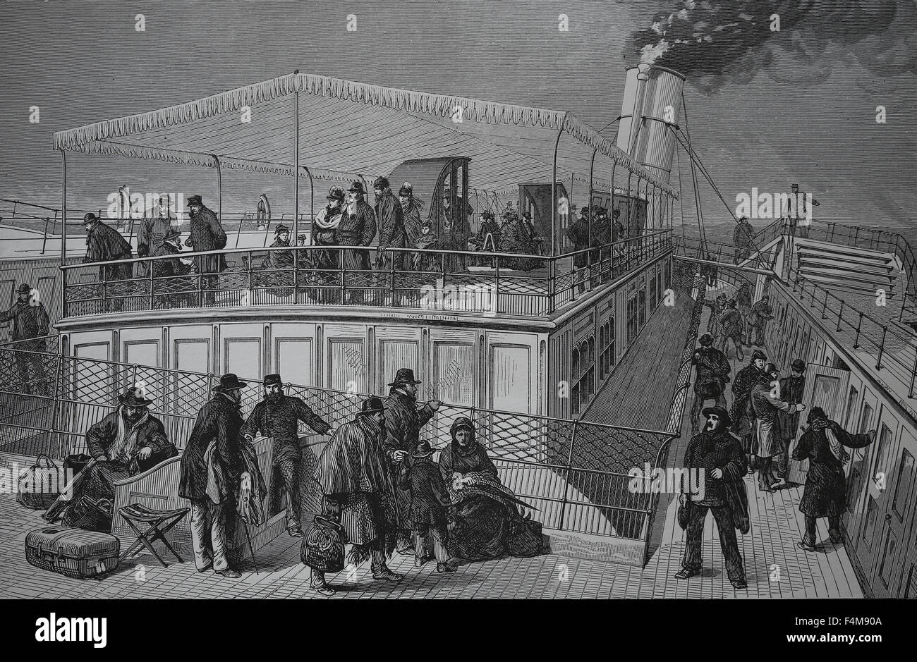 An Bord der Auswanderer. des 19. Jahrhunderts. Gravur. Stockfoto