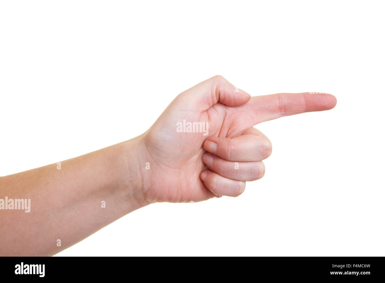 Hand mit verlängerten Zeigefinger auf weißem Hintergrund Stockfoto