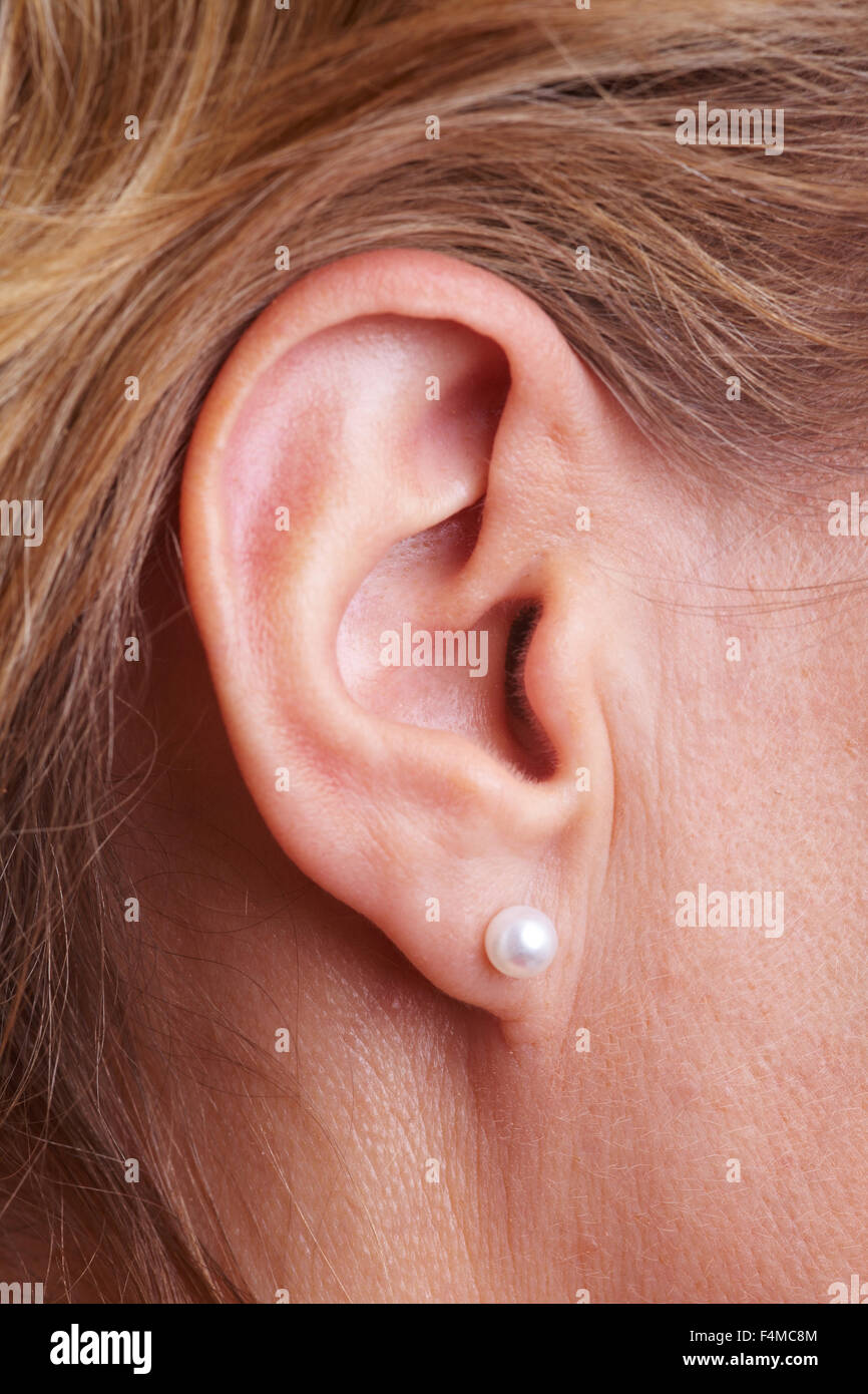 Nahaufnahme des weiblichen Ohr mit Ohrenpiercing Stockfoto