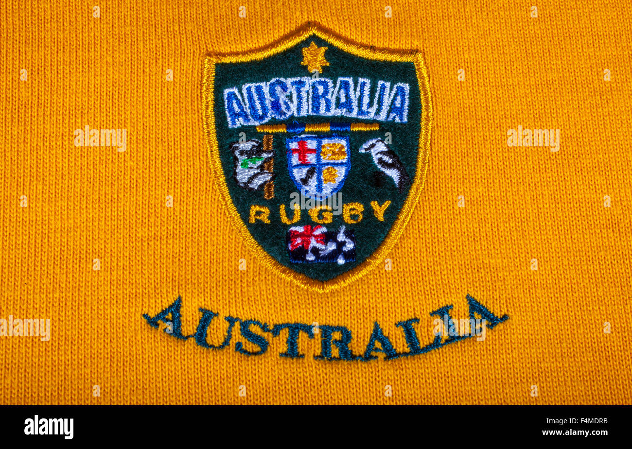 LONDON, UK - 19. Oktober 2015: Australische Rugby-Abzeichen gestickt auf eine australische Rugby-Shirt am 19. Oktober 2015. Stockfoto