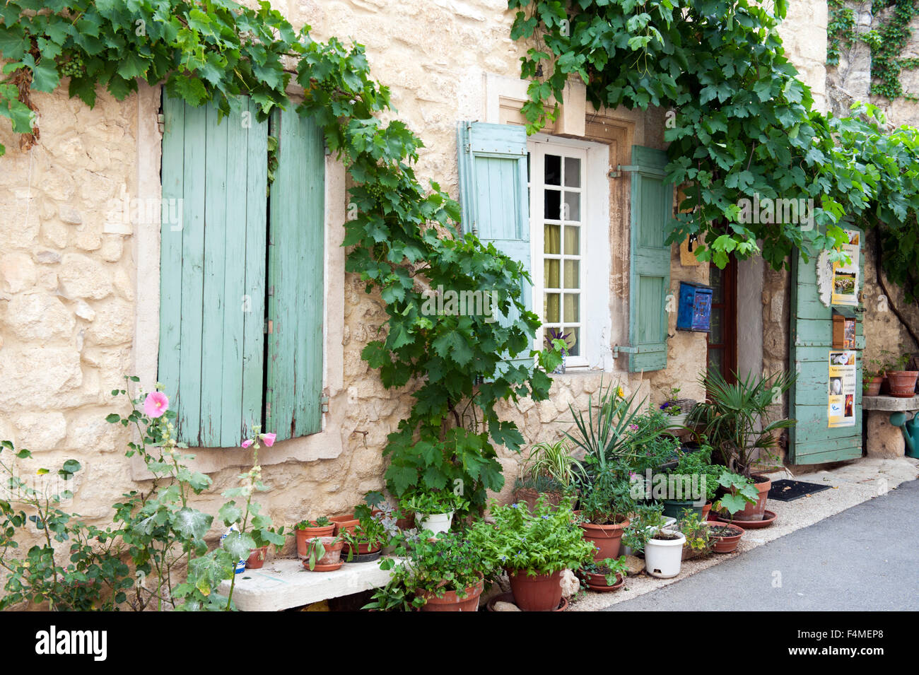 Straßenszene mit vielen Pflanzen in Töpfen in einer kleinen Stadt in der Provence Frankreich Europa Stockfoto