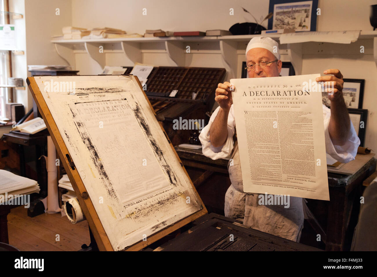 18. Jahrhundert Drucktechniken an die Druckerei Edes und Gill, Patriot Drucker der Revolution, Boston USA Stockfoto