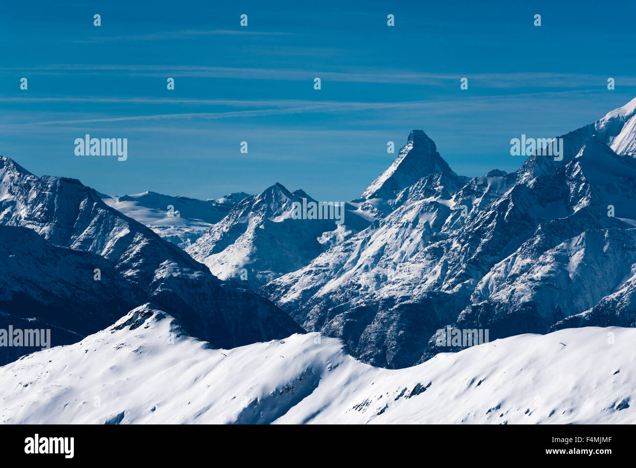 Walliser Alpen mit Matterhorn Berg, gesehen aus der Belalp, Schweiz (Kanton Wallis) Stockfoto