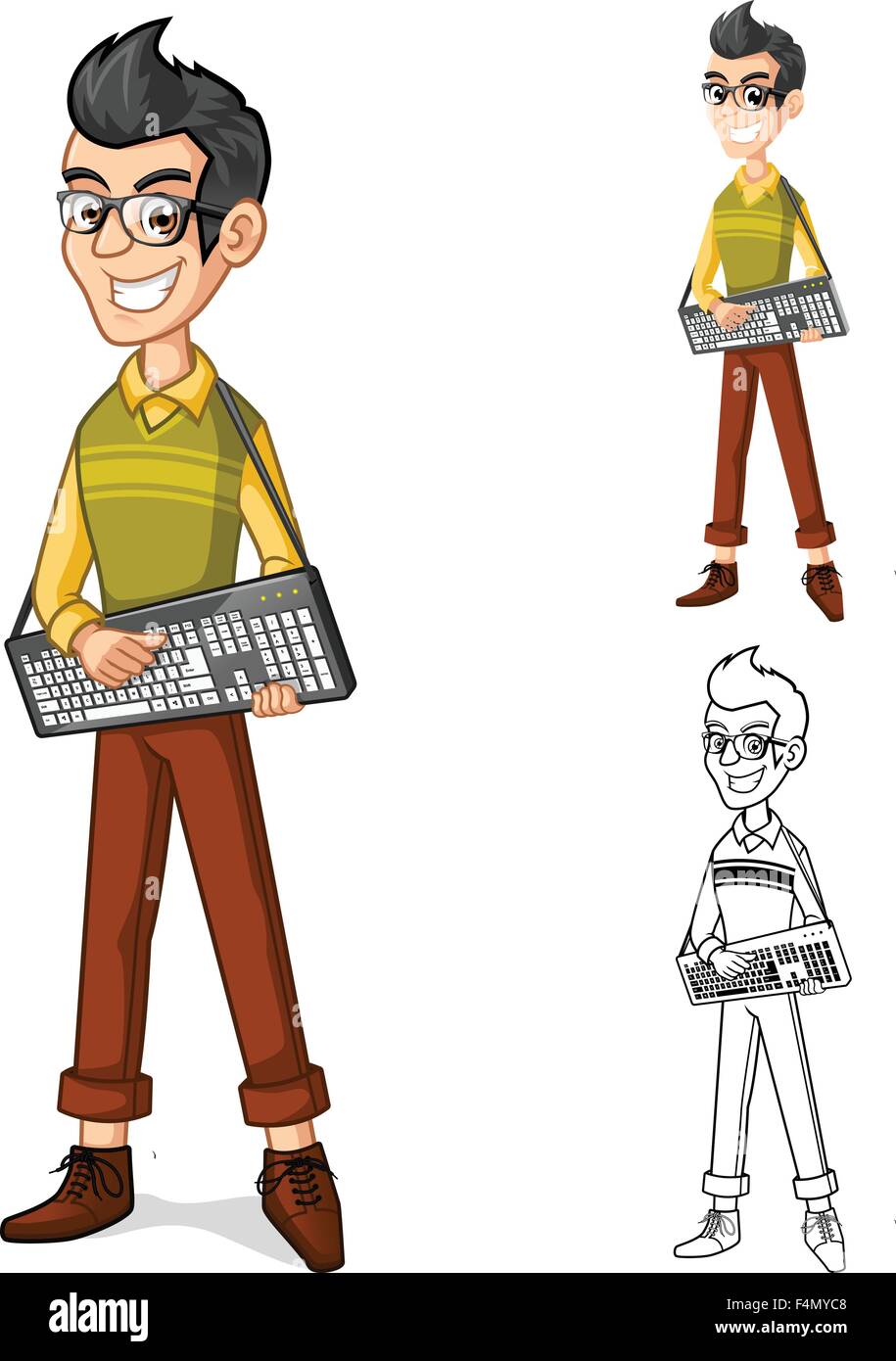 Geek junge Maskottchen Cartoon-Figur hält eine Computer-Tastatur Stock Vektor