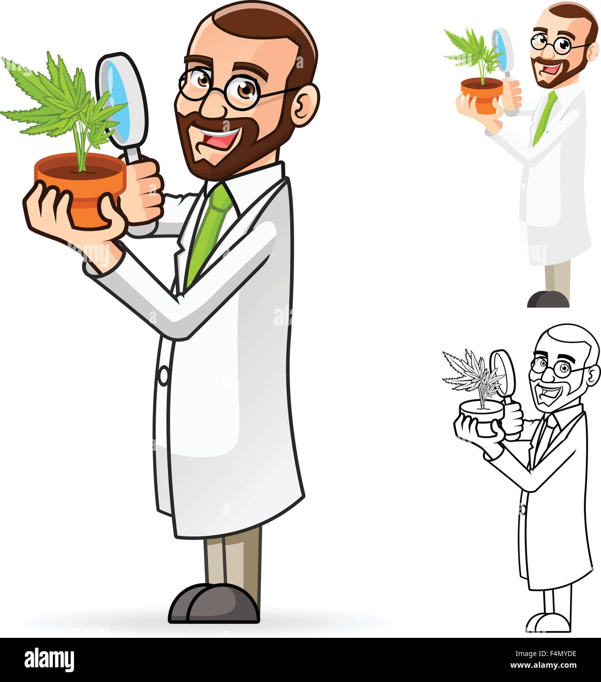 Pflanze Wissenschaftler Cartoon-Figur einer Anlage durch eine Lupe betrachten Stock Vektor