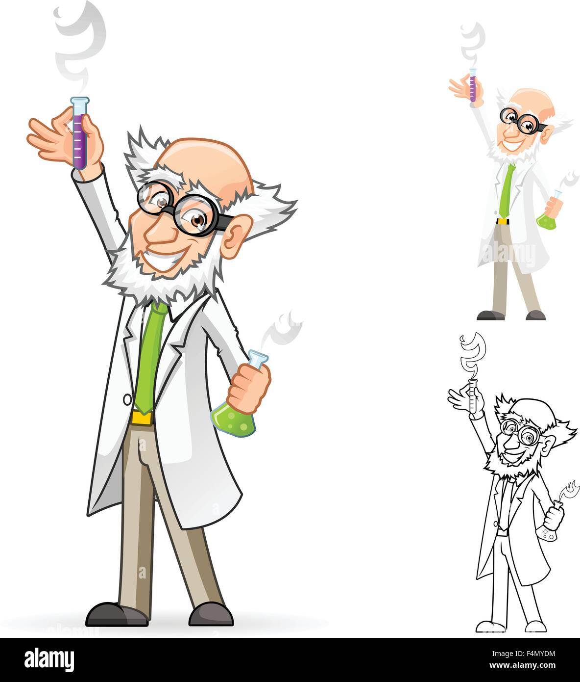 Wissenschaftler-Cartoon-Figur hält einen Becher und Reagenzglas mit einer Hand angehoben und große Gefühle Stock Vektor
