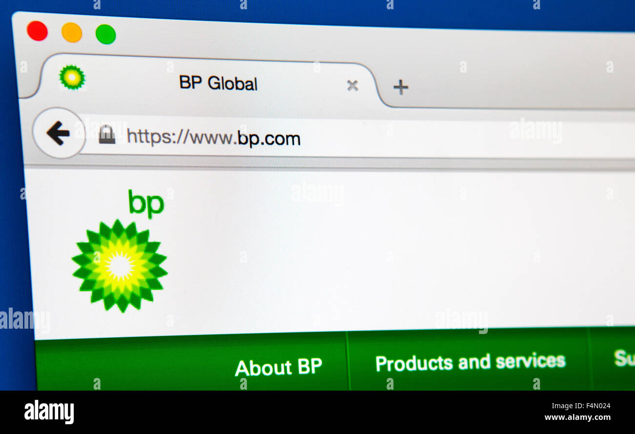 LONDON, UK - 19. Juni 2015: Die offizielle Website von BP (British Petroleum), am 19. Juni 2015. Stockfoto