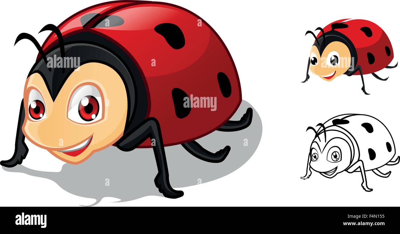 Marienkafer Cartoon Figur Mit Flachen Design Und Linie Kunst Schwarz Weiss Version Detailliert Stock Vektorgrafik Alamy