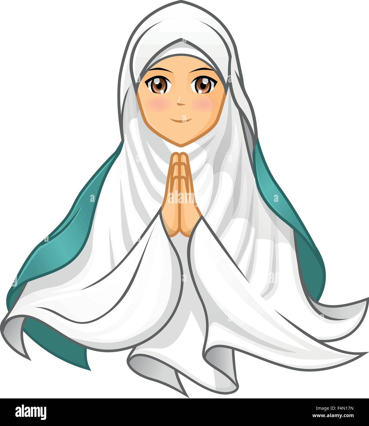 Qualitativ hochwertige Muslimin tragen weiße Schleier mit einladenden Arme Stock Vektor