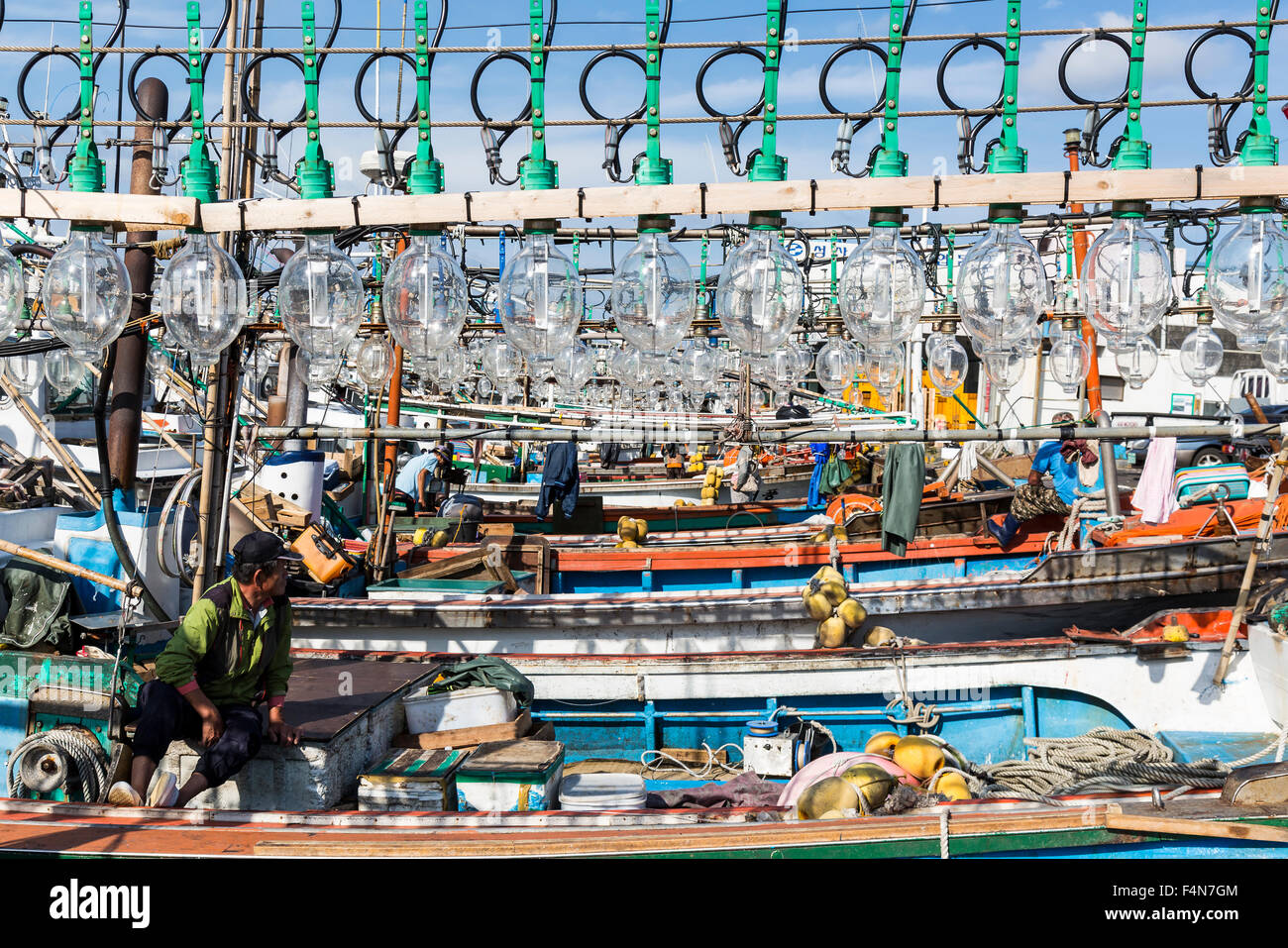 Jeju Insel Squid Fischerboote Leuchten und Fischer Stockfoto