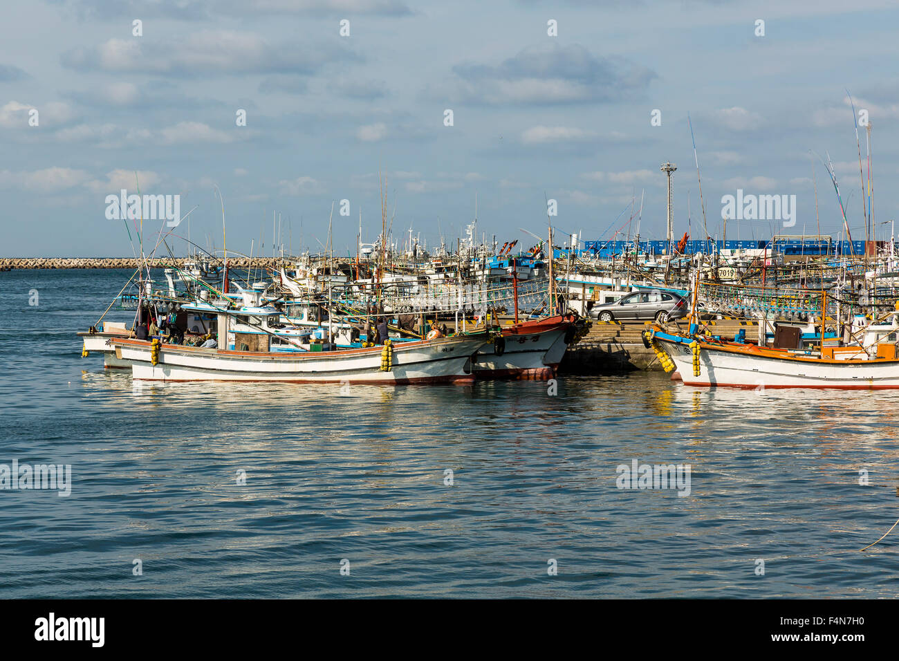Insel Jeju Tintenfisch Angeln Boote, Südkorea, Asien Stockfoto
