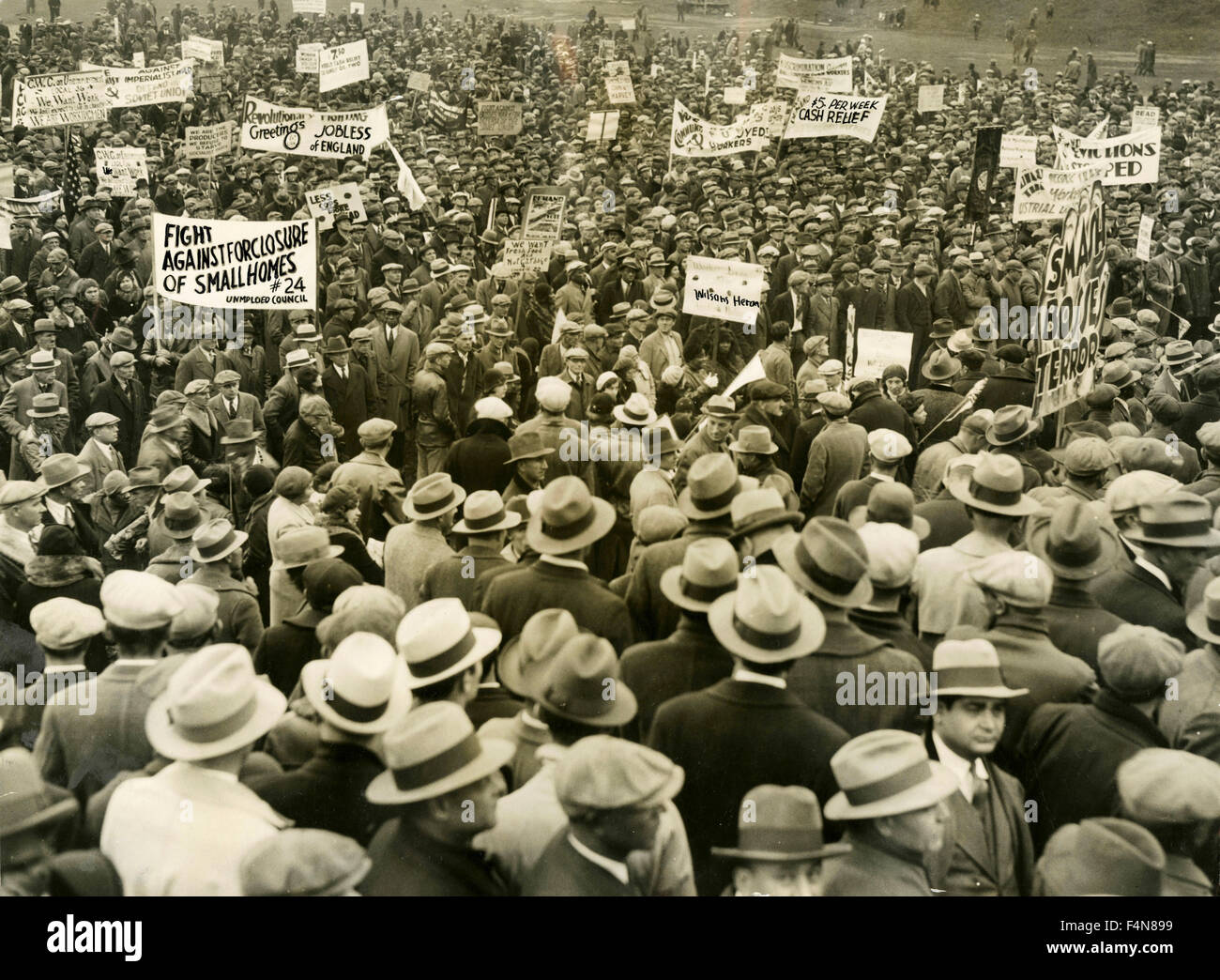 Treffen der Arbeitslosen im Grant Park während der großen Depression, Chicago, USA Stockfoto