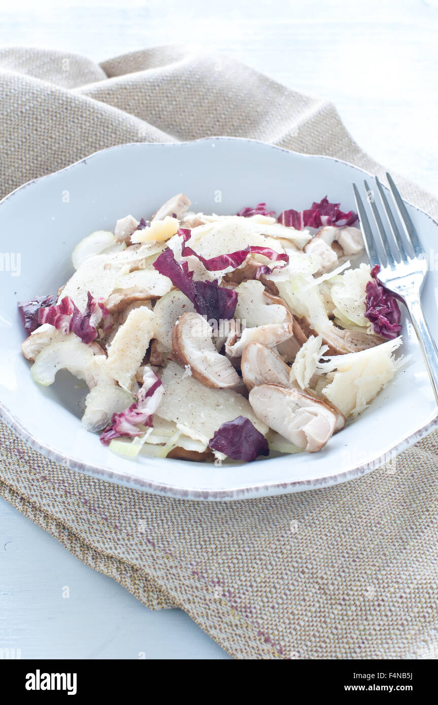 Steinpilz-Pilzsalat mit Sellerie, Radicchio und Parmesan Stockfoto