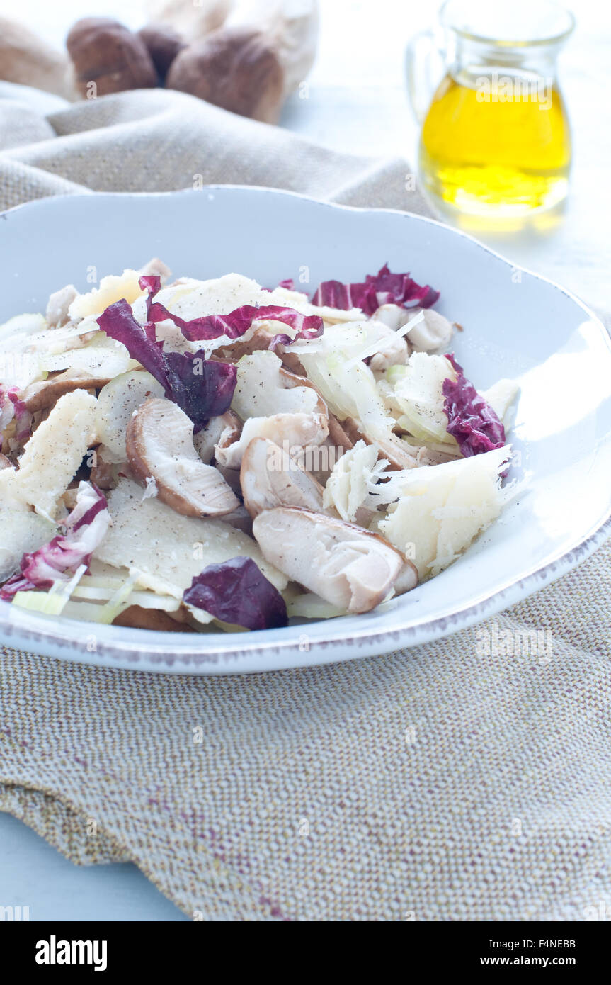 Steinpilz-Pilzsalat mit Sellerie, Radicchio und Parmesan Stockfoto