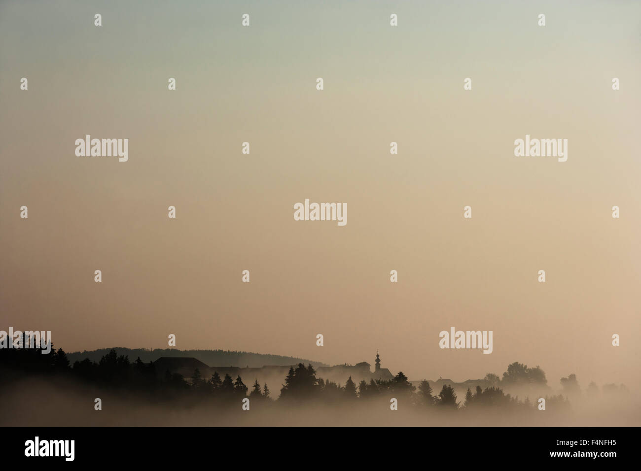 Österreich, Salzburger Land, Silhouette der Kirche und Bäume am Wallersee Stockfoto