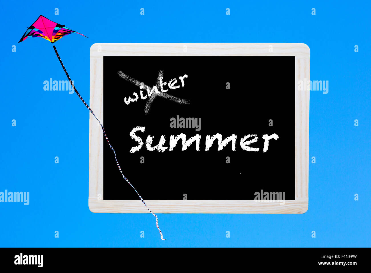 bunte Kit neben Tafel mit Worten "Winter-Sommer" Stockfoto