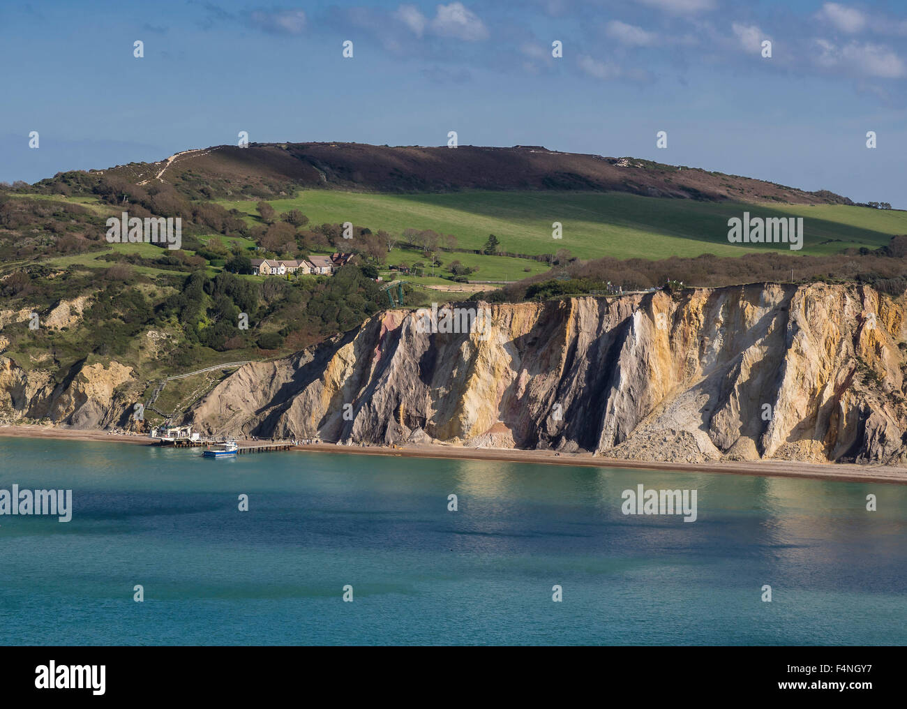 Alum Bay Klippen und Headon Warren von Tennyson Down, Isle of Wight, England, Großbritannien Stockfoto