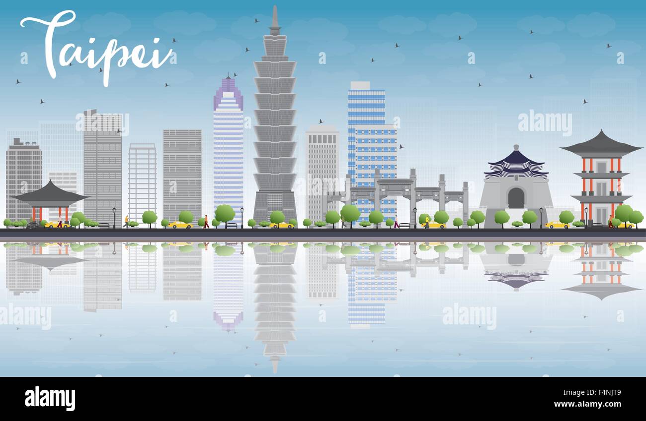 Taipei Skyline mit grauen Wahrzeichen, blauer Himmel und Reflexion. Vector Illustration. Business Travel und Tourismus konzept mit Platz Stock Vektor