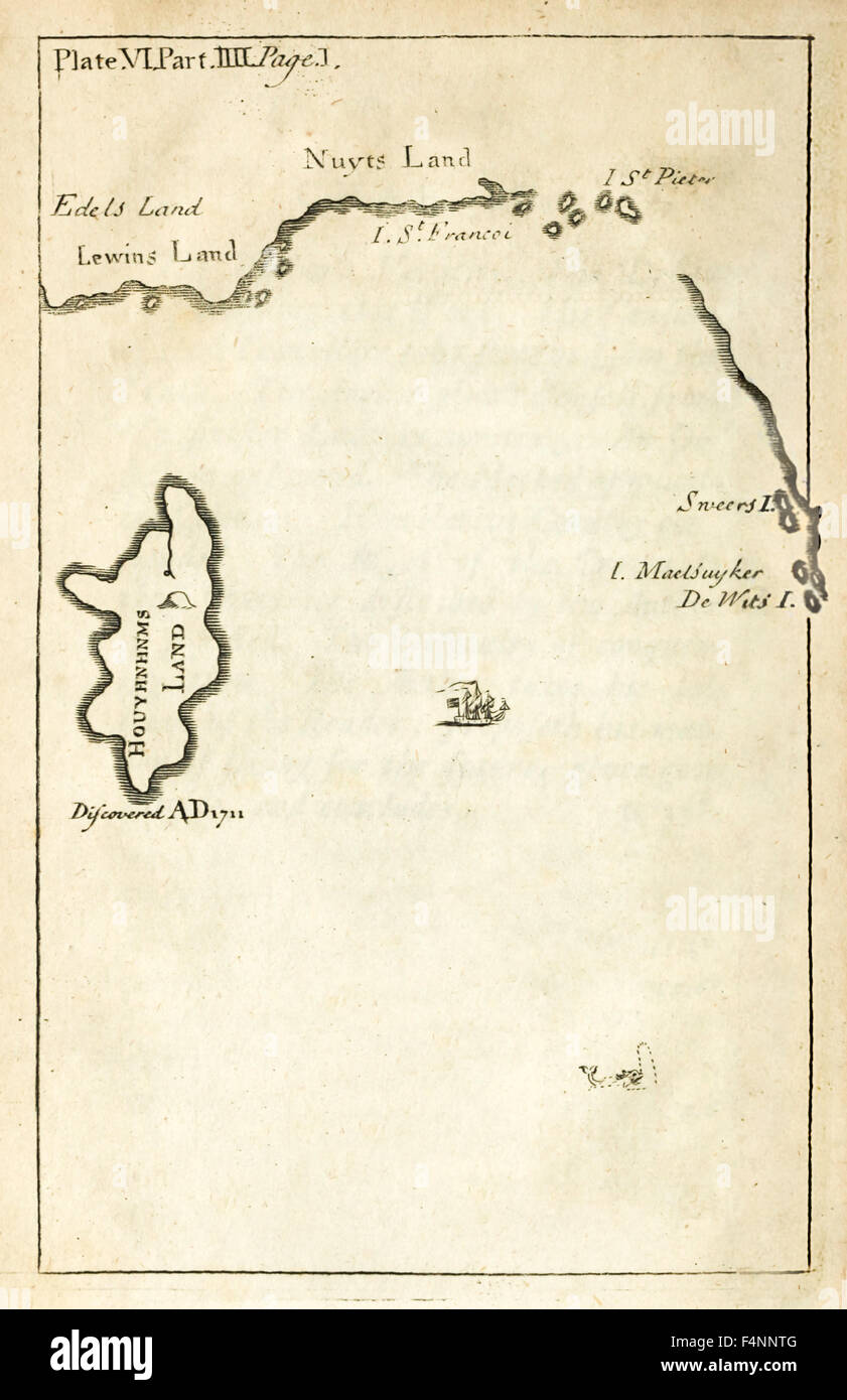 Karte mit Lage des Houyhnhnms Grundstücks aus der ersten Ausgabe von "Reisen in mehrere Remote-Nationen der Welt" es besser wissen als "Gullivers Reisen" von Jonathan Swift (1667-1745). Siehe Beschreibung für mehr Informationen. Stockfoto