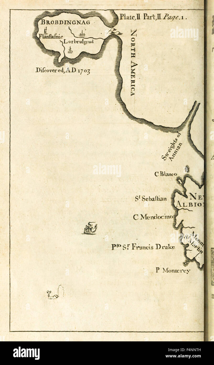 Karte zeigt Standort von Brobdingnag erste Ausgabe von "Reisen in mehrere Remote-Nationen der Welt" es besser wissen als "Gullivers Reisen" von Jonathan Swift (1667-1745). Siehe Beschreibung für mehr Informationen. Stockfoto