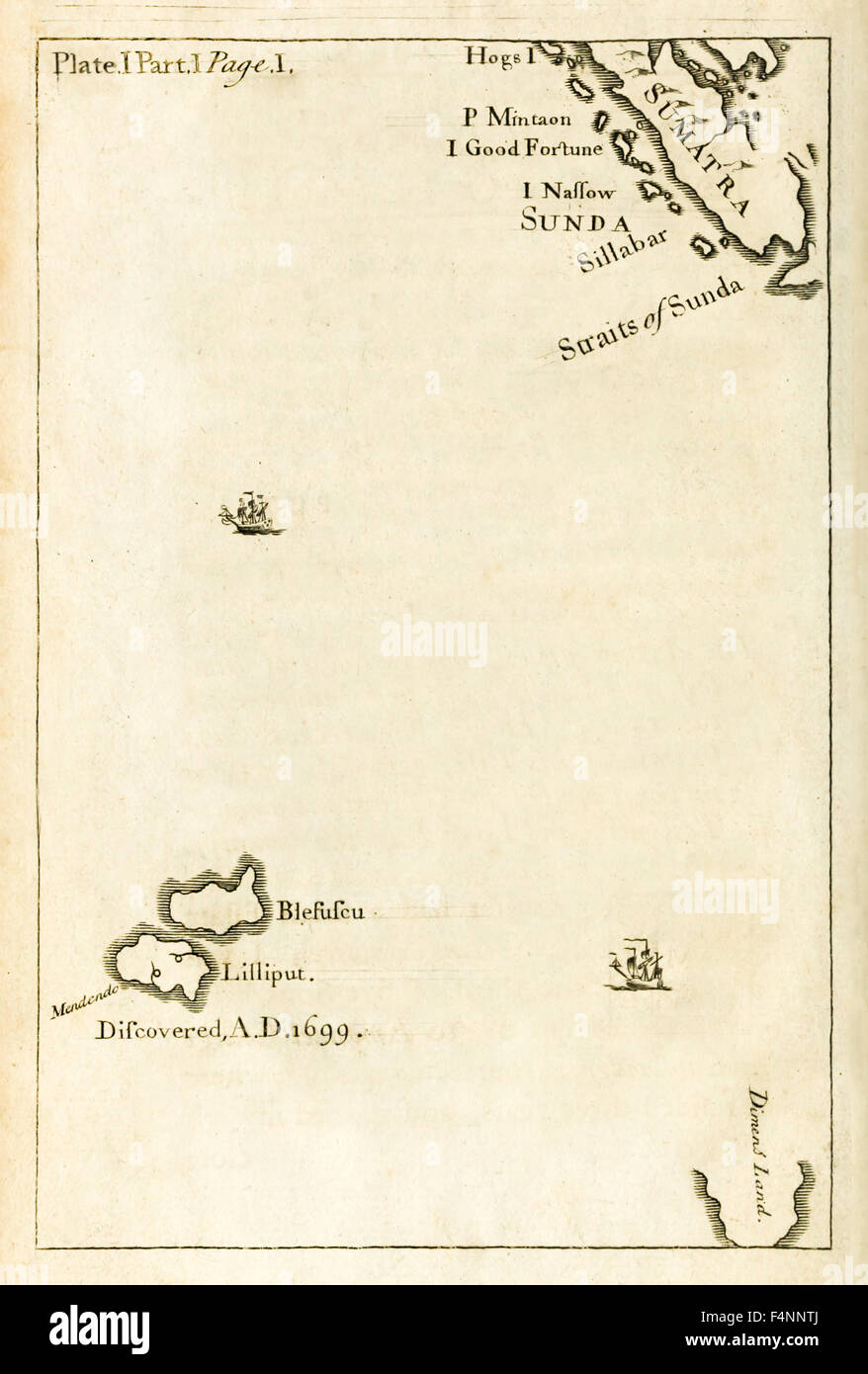 Karte zeigt Standort von Lilliput aus der ersten Ausgabe von "Reisen in mehrere Remote-Nationen der Welt" es besser wissen als "Gullivers Reisen" von Jonathan Swift (1667-1745). Siehe Beschreibung für mehr Informationen. Stockfoto