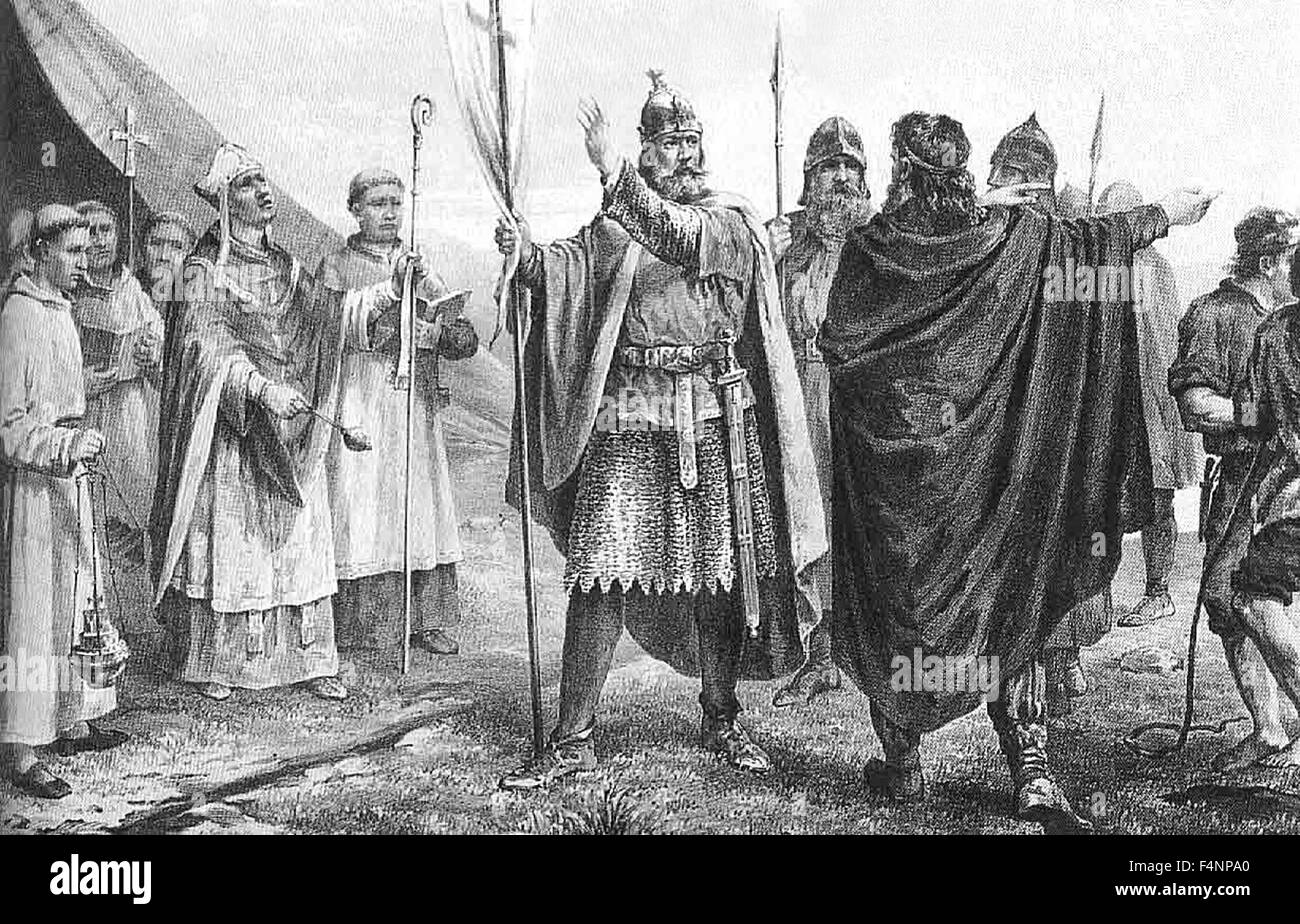 König Olaf i. von Norwegens Ankunft in Norwegen, basierend auf Zeichnung von Peter Nicolai Arbo. OLAF Tryggvason (960s – 1000) war König von Norwegen von 995 bis 1000. Er war der Sohn eines Tryggvi Olafsson, König der Viken (Vingulmark und Rånrike) und nach späteren Sagas, Ur-Enkel von Harald Fairhair, erster König von Norwegen. Stockfoto